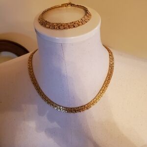 Vintage Gold Tone Flat Nugget Chain Necklace & Bracelet Set
